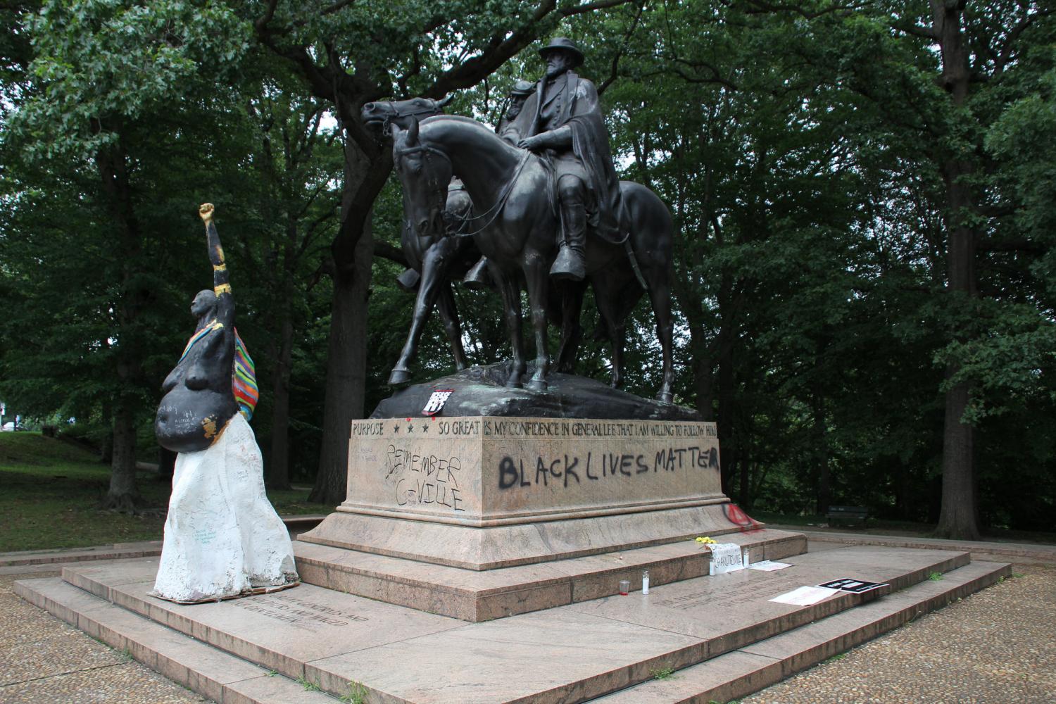 A defaced Confederate monument