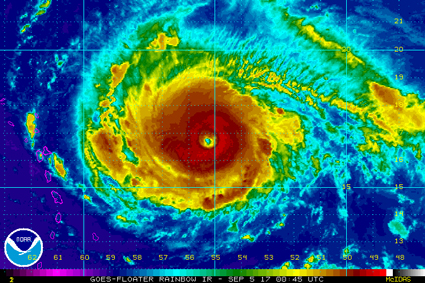 The eye of Hurricane Irma, which devastated many Caribbean islands and parts of Florida, causing over one hundred fatalities.