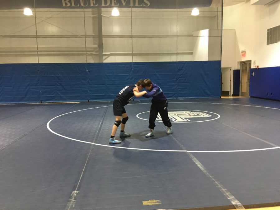 Members of the boys wrestling team practice at the Novogratz Center.