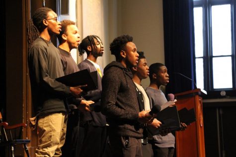 Members of Blue Notes sing during assembly on Friday, February 9. 