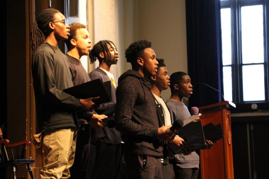 Members of Blue Notes sing during assembly on Friday, February 9. 