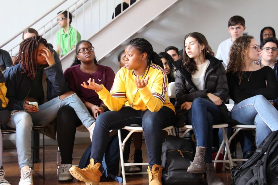 Junior Talisha Ward spoke during the community forum on Wednesday, March 14. The Poly community gathered in the Student Center to debate next steps.