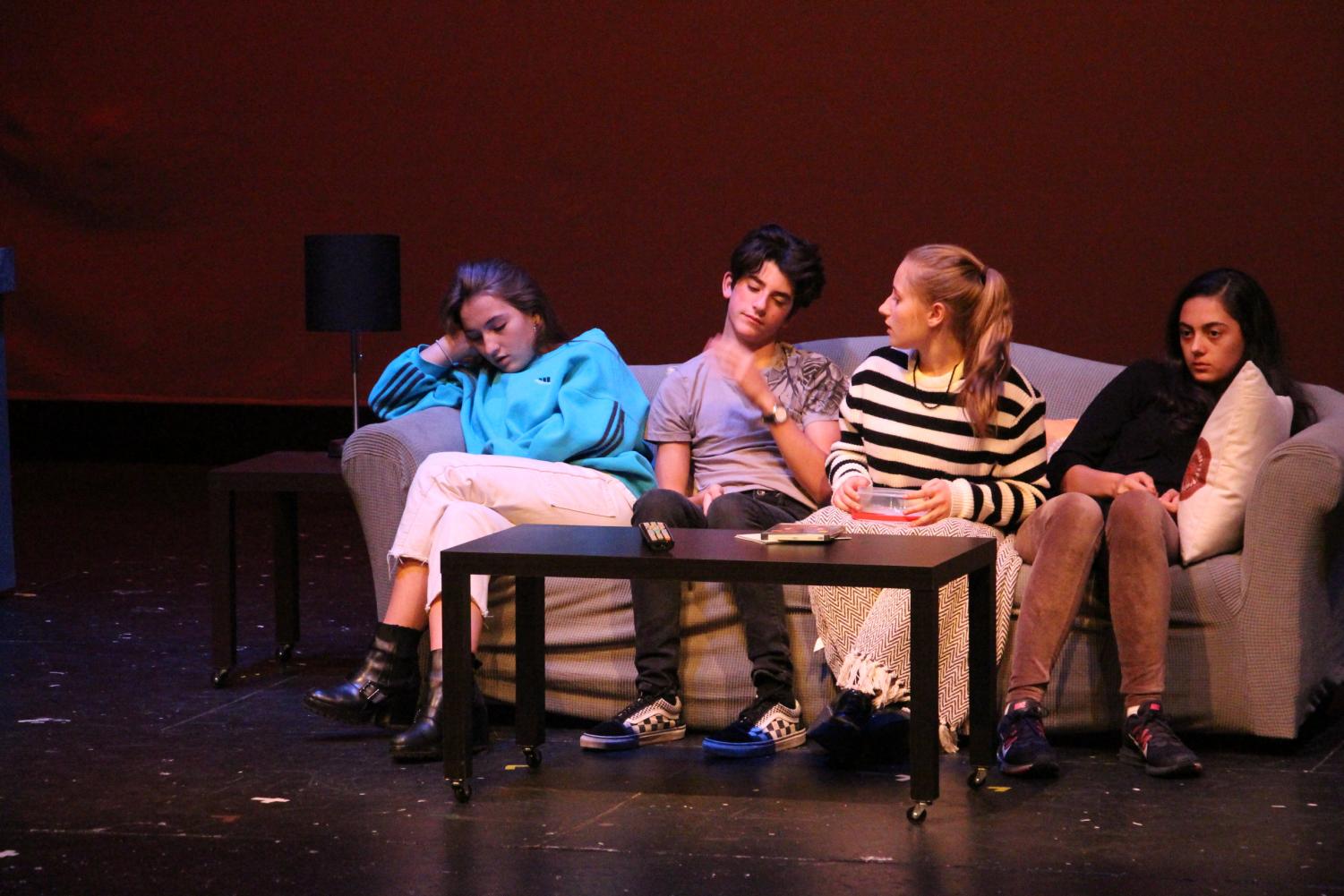 Sophomores Nina Ryan and Neo Watsin and freshmen Sophia Cimmino and Samantha Rodino rehearse for their upcoming play