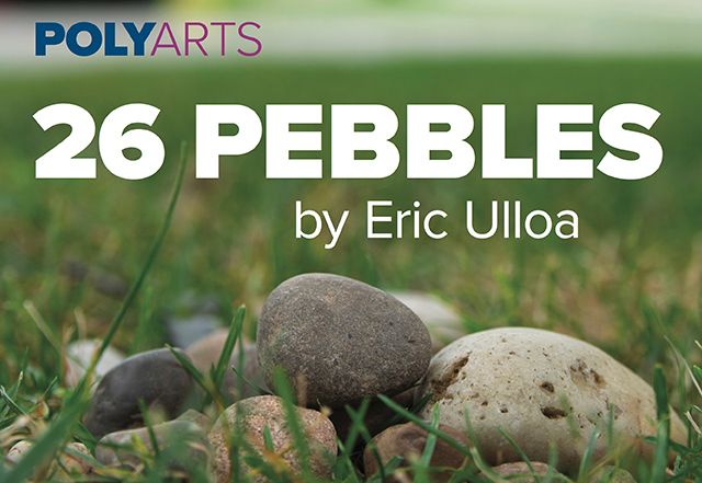 A pile of small stones and pebbles surrounded by grass; the text reads POLYARTS 26 PEBBLES by Eric Ulloa